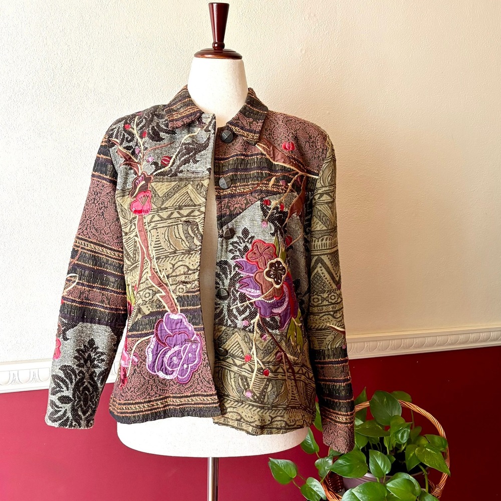 Vintage Coldwater Creek Embroidered Tapestry Jacket PL Floral Boho Art-to-Wear